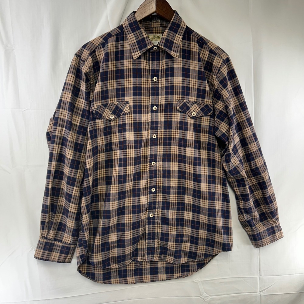 L.L. Bean Button Up Shirt Mens Large Navy Tan Plaid Made in USA Long Sleeve